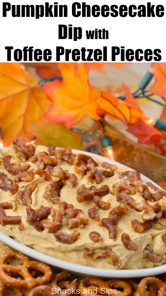 Pumpkin Cheesecake Dip with Toffee Pretzel Pieces is a delicious snack with all the best fall flavors. Great for holidays or autumn parties, you'll love it.