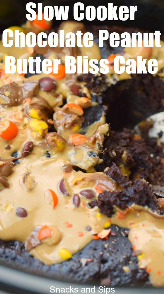 Slow Cooker Chocolate Peanut Butter Bliss Cake is an amazing dessert that feeds a crowd. Loaded with amazing chocolate and peanut butter you'll love it.