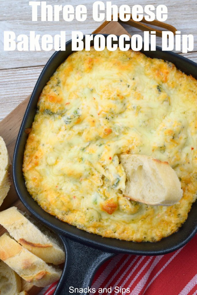baked dip with broccoli and cheese with bread for dipping